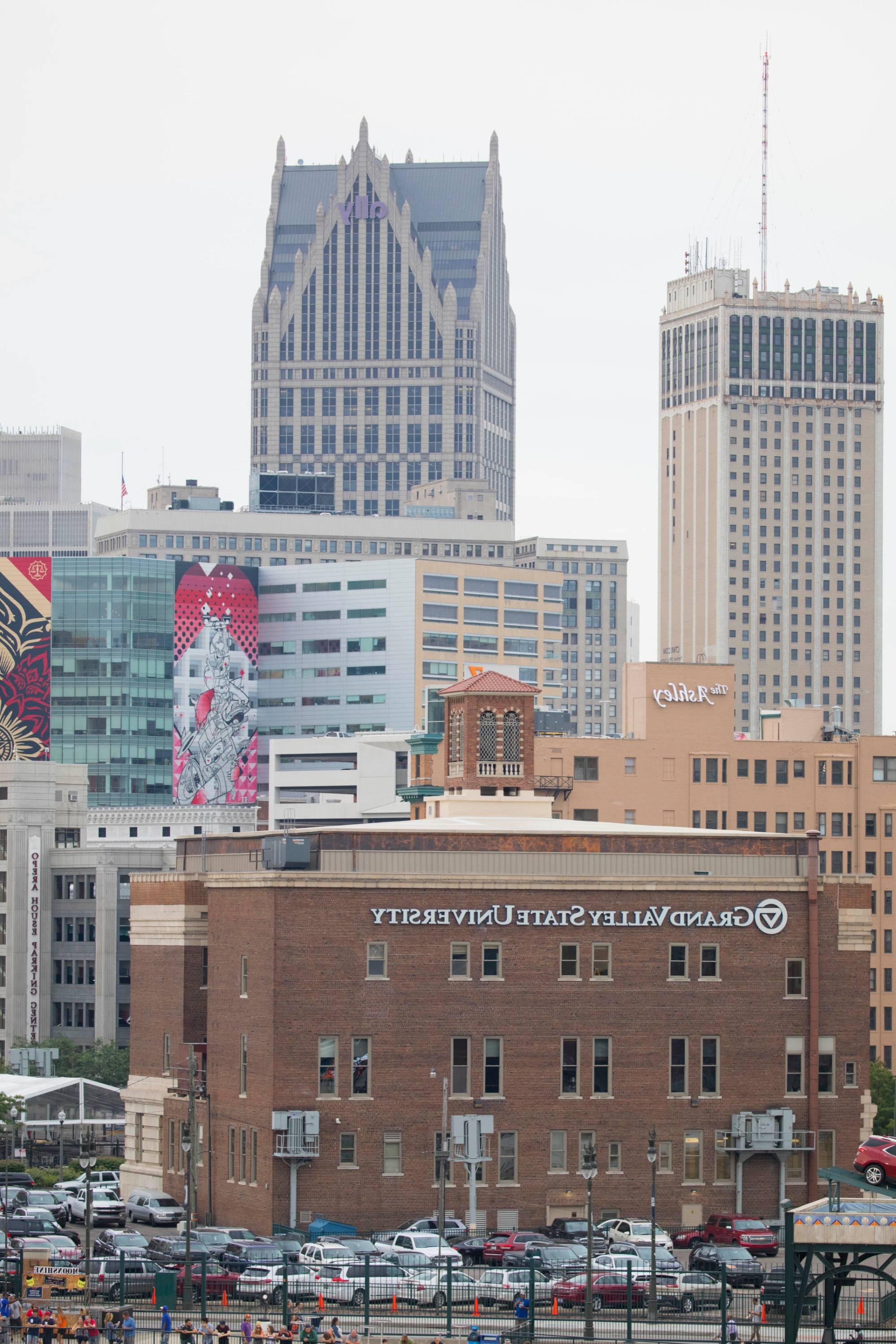 Detroit Skyline with GVSU Sign from Comerica Park